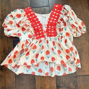 entro Cream Floral Puff Sleeve Blouse with Red Trim
